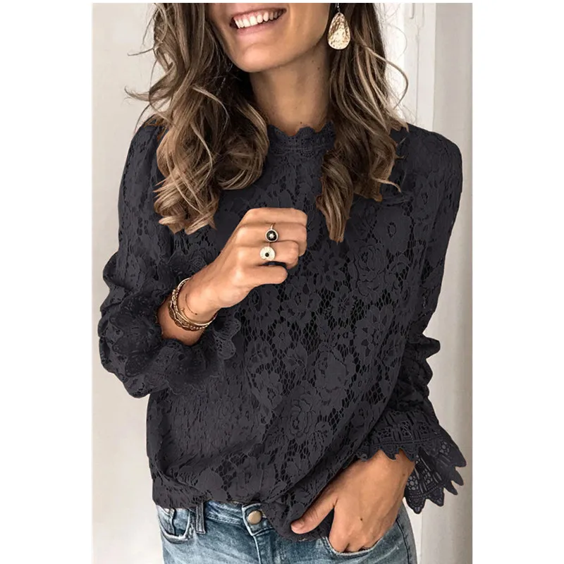 

Women Lace Hollow Blouses 2020 Autumn Office Lady Elegant Ruffles Long Sleeve Stand Collar Petal Sleeve Floral Lace Shirts