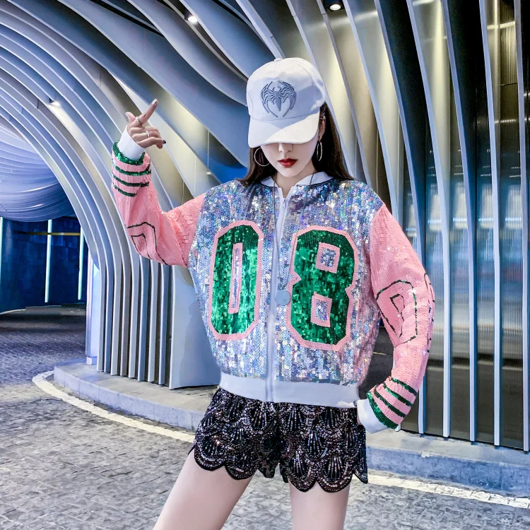 Veste Femme printemps новые блестки с длинным рукавом О-образным вырезом 08 модные куртки с блестками на молнии Женская шикарная Клубная верхняя одежда и пальто