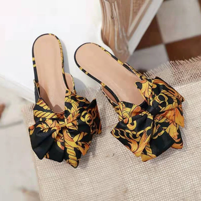 Мюли женские домашние на плоской подошве шлепанцы с бантом бабочкой сланцы