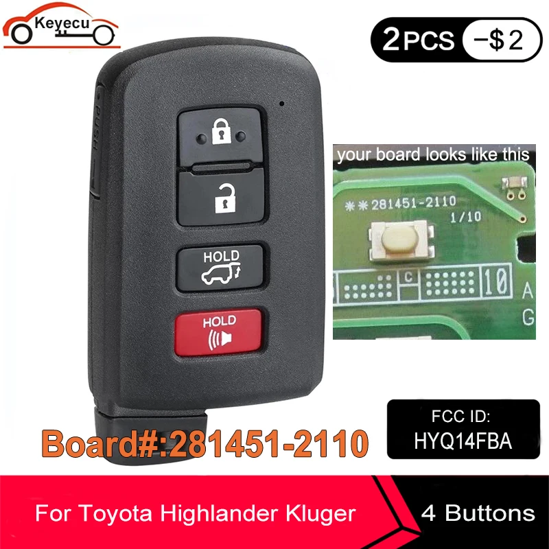 KEYECU HYQ14FBA 281451-2110 89904-0E121 4 кнопки безключевая смарт-карта для Toyota Highlander Kluger 2014-2019 |