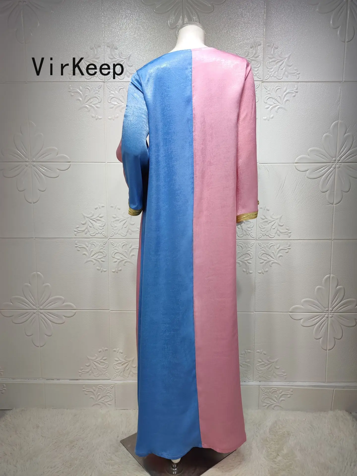 

women color block splicing maxi dress fashion velvet robe jalabiya ramadan Kaftan gown arabic Dubai islam Muslim Abaya VKDR2475