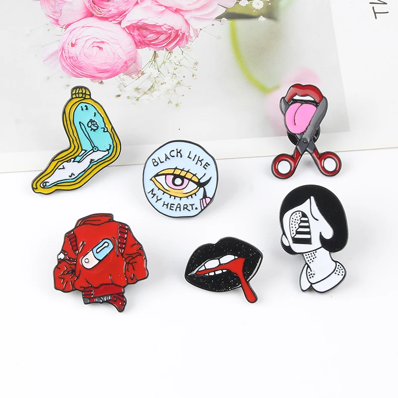 Artist Brooch！ Eyeliner Lips Pill Tongue Enamel Pins Twisted Clock Girl Badge Brooches Denim Jackets Lapel Pin Punk Cool Jewelry