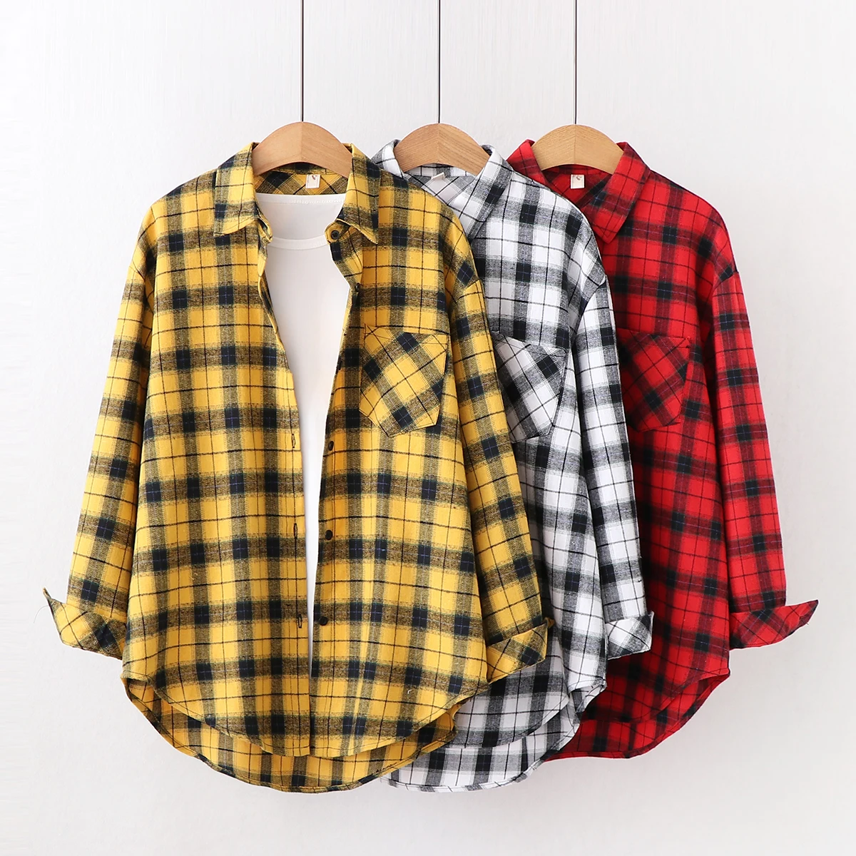 Loose Casual Style Women's Yellow Red Plaid Shirt 2022 New Womens Tops Large Size Long Sleeve Shirts Boutique Clothing