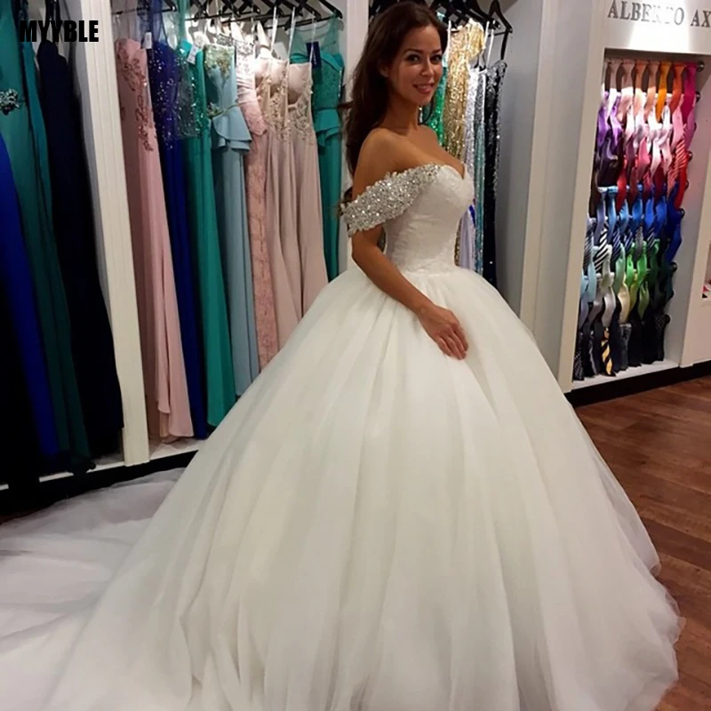 Robe de mariage 2021 бисером Кепки рукава бальное платье на свадьбу платья размера плюс из