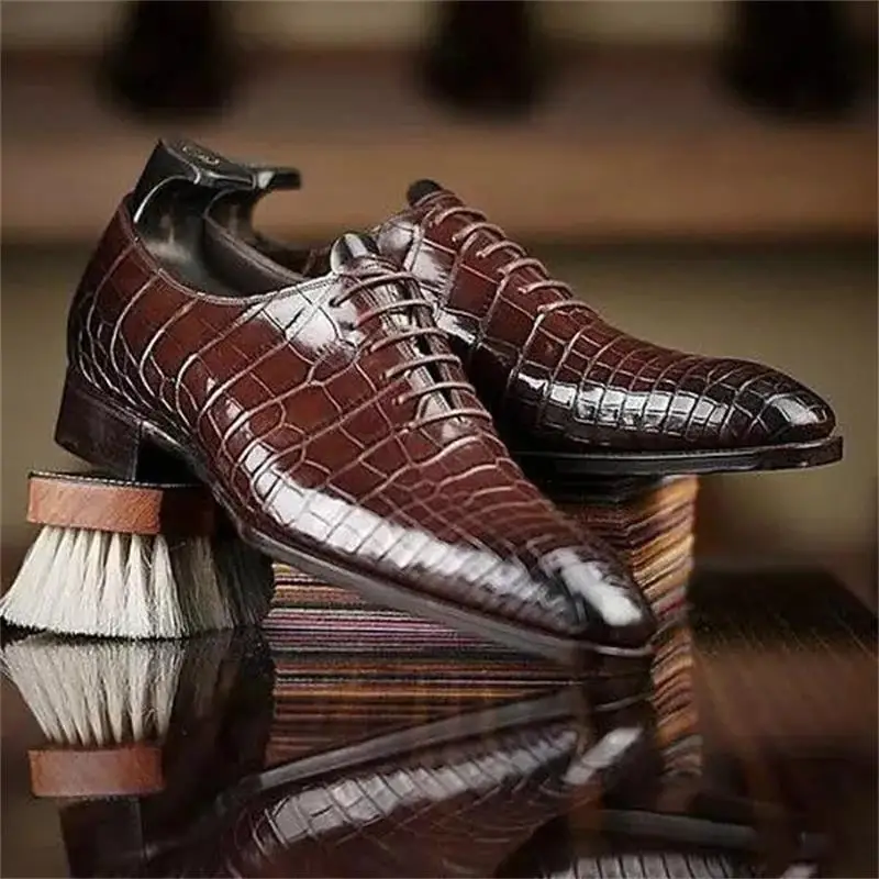 

Men's Handmade Fashion Casual Business All-match Dark Brown PU Crocodile Pattern Lace Comfortable Oxford Shoes 3KC076