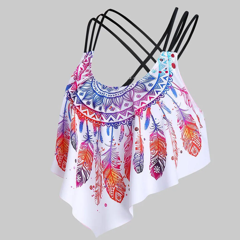 1pcs Top Women Bikini Overlay Flounce Crisscross Tankini Swimsuit Feather Print Strappy Padded Swim Bandage cross SwimWear |