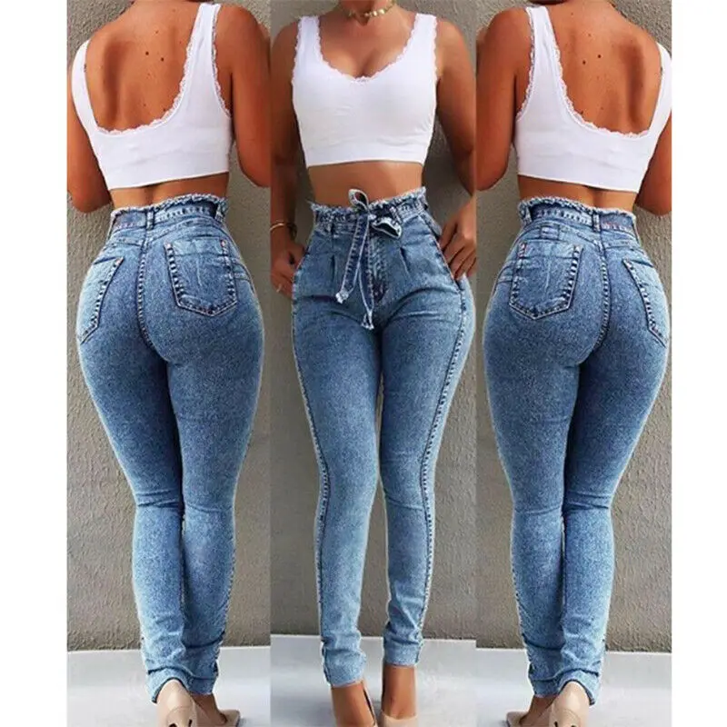 

Womens Ladies High Waist Paper Bag Denim Jeans Pants Stretch Jegging Trousers