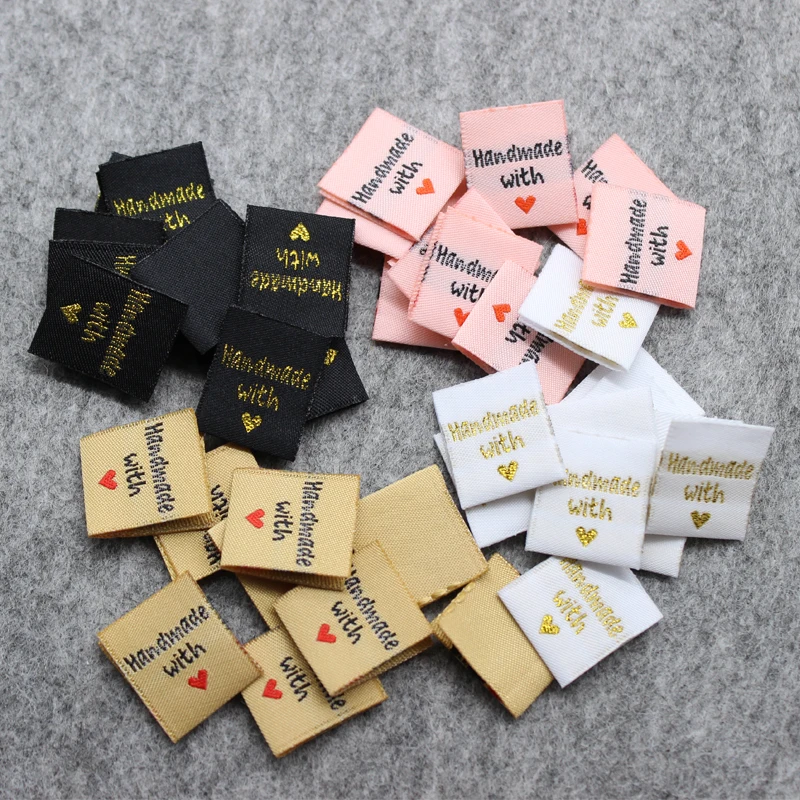 

100 pcs handmade labels in stock/golden labels/clothing customized woven labels/tags/garment embroidered tags