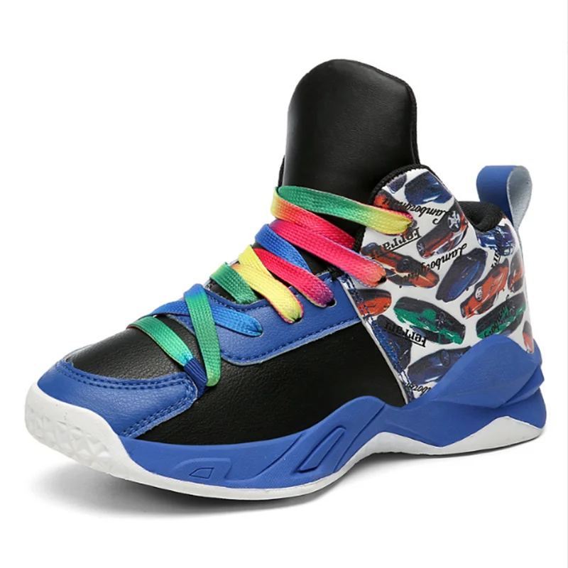 

2022 New Boys Brand Basketball Shoes Kids Thick Sole Non-slip Color Block Children Sports Running Shoes Boy Leather Basket Trai