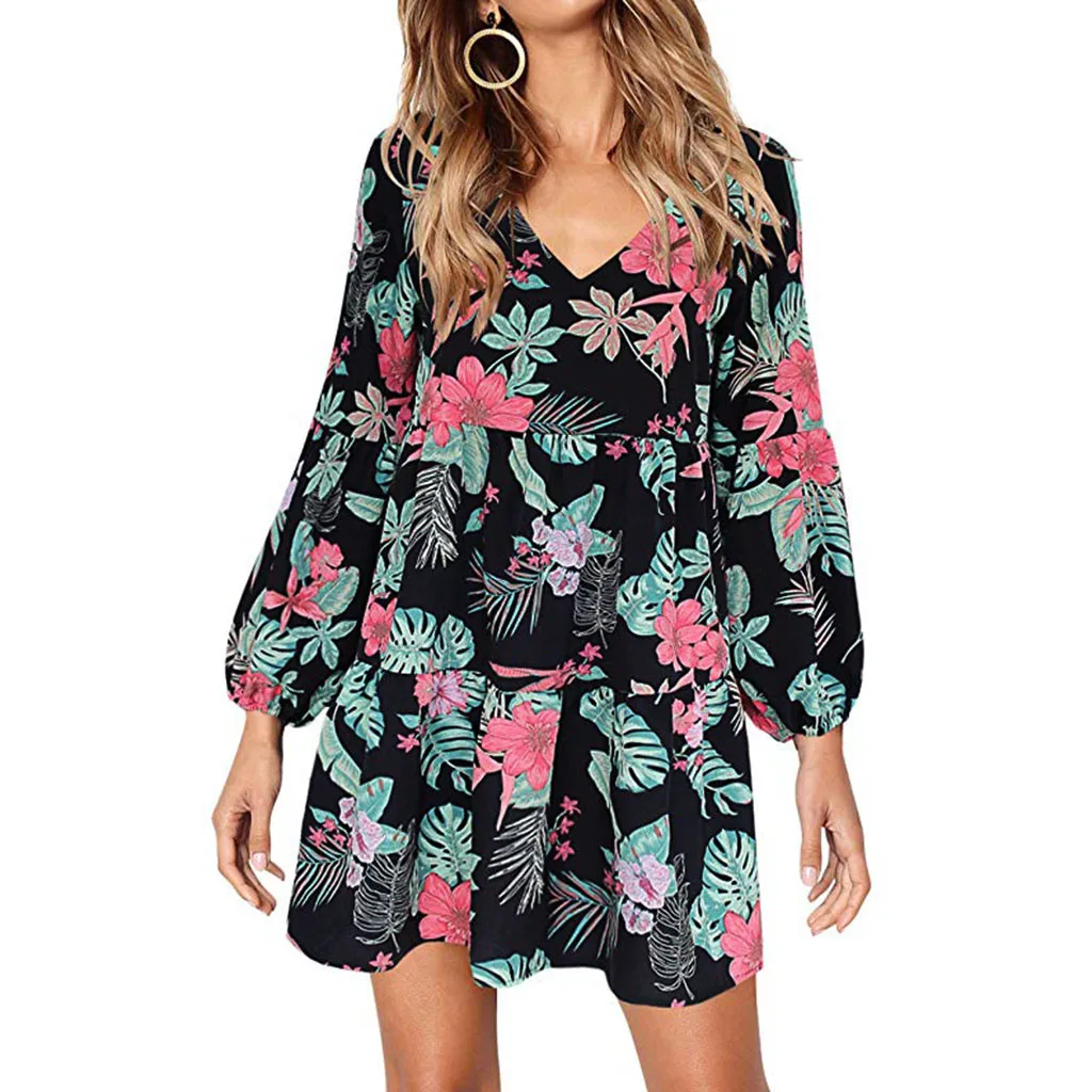 2020 Новое модное женское платье в стиле бохо с принтом мини длинным рукавом и v