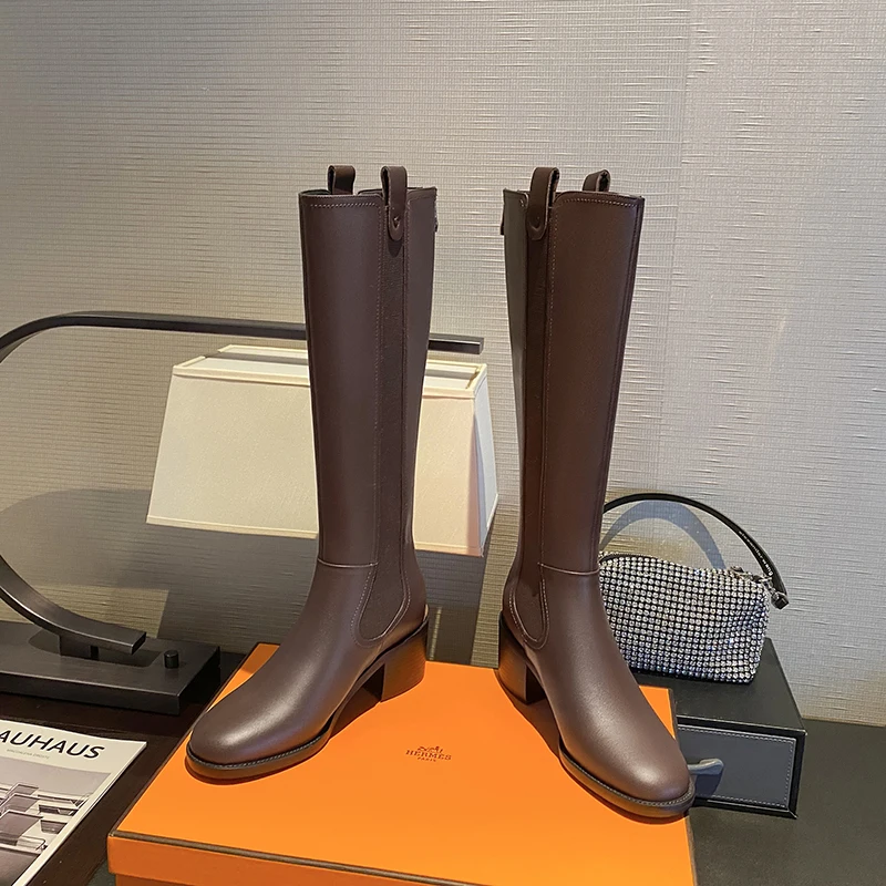 

2021 New Winter Genuine Leather Riding Boots Women Shoes Thick Heel Knee High Boots High Heel Zipper Lady Boots