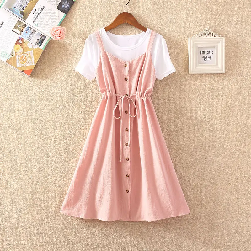 

Новинка лета 2021, женская повседневная одежда, милая Однотонная футболка и платье без бретелек на пуговицах, женские модные костюмы из двух частей, Q76