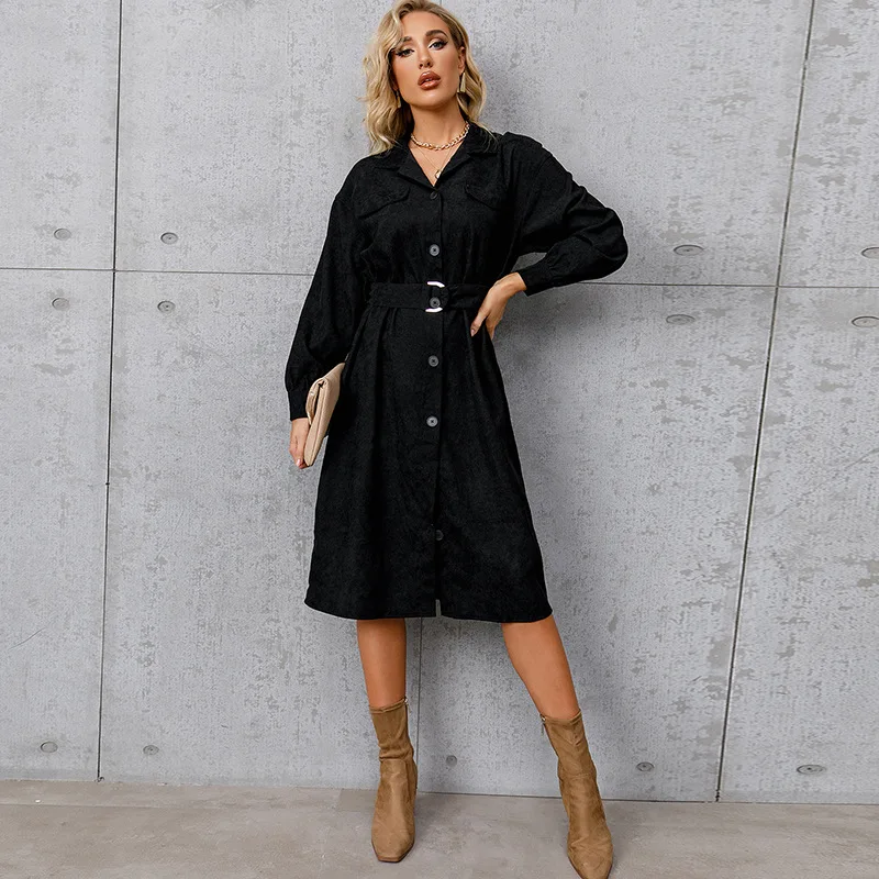 

Повседневные женские платья, облегающие однобортные Длинные платья до середины икры с отложным воротником и длинным рукавом, для Dreeses с поя...