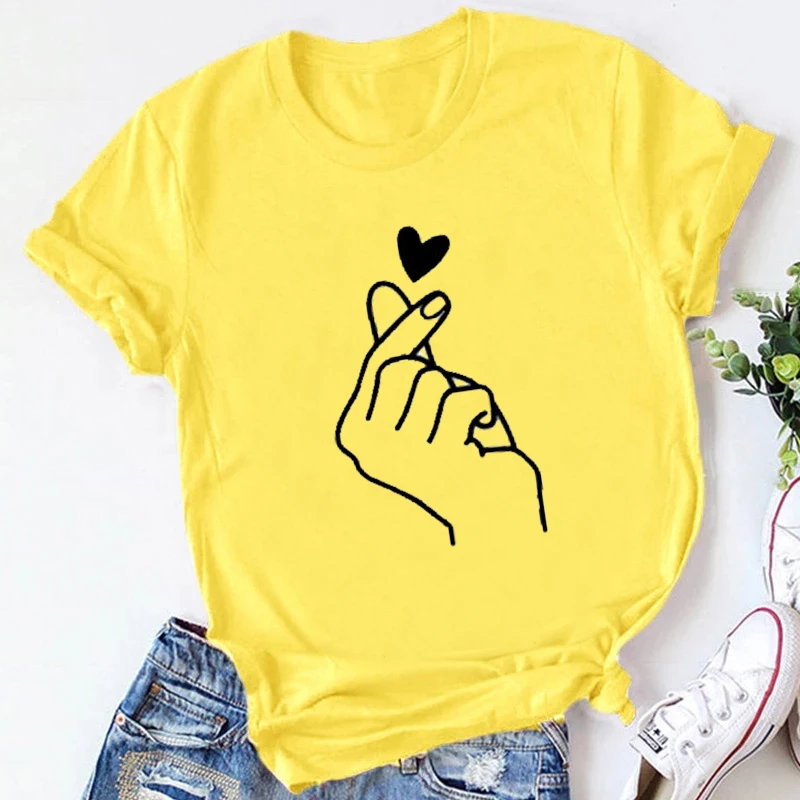 

Fashion Love Printing Yellow T-shirt Women Summer Plus Size Breathable Round Neck Top Sexy Leopard Love Female Soft T-shirt