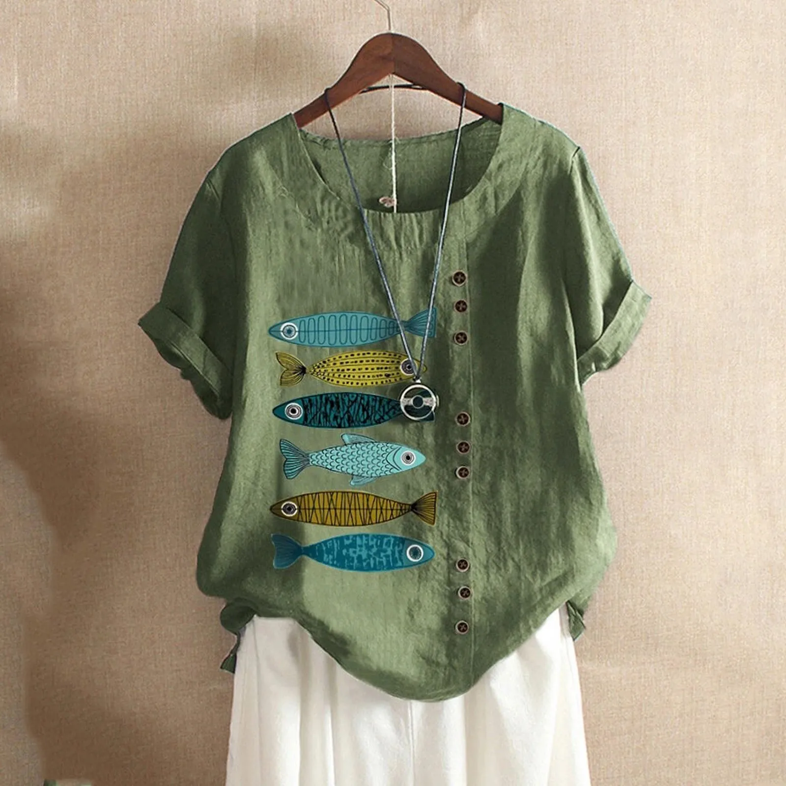 Женская блузка из хлопка и льна с коротким рукавом принтом рыбы | одежда
