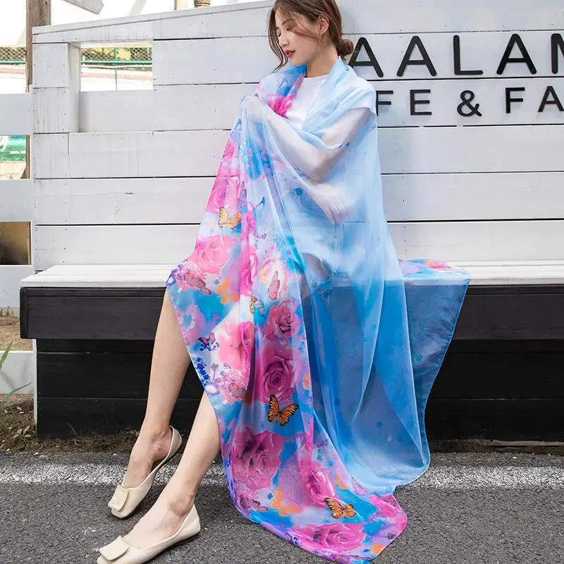 Пляжный шифоновый шарф Женский Летний Шелковый пляжный цветочный принт Saida de