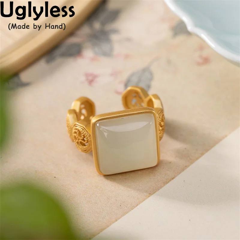 

Винтажные полые золотые кольца Uglyless для женщин, Настоящее серебро 925 пробы, этнические ювелирные изделия, натуральный нефрит, пуговицы, квад...