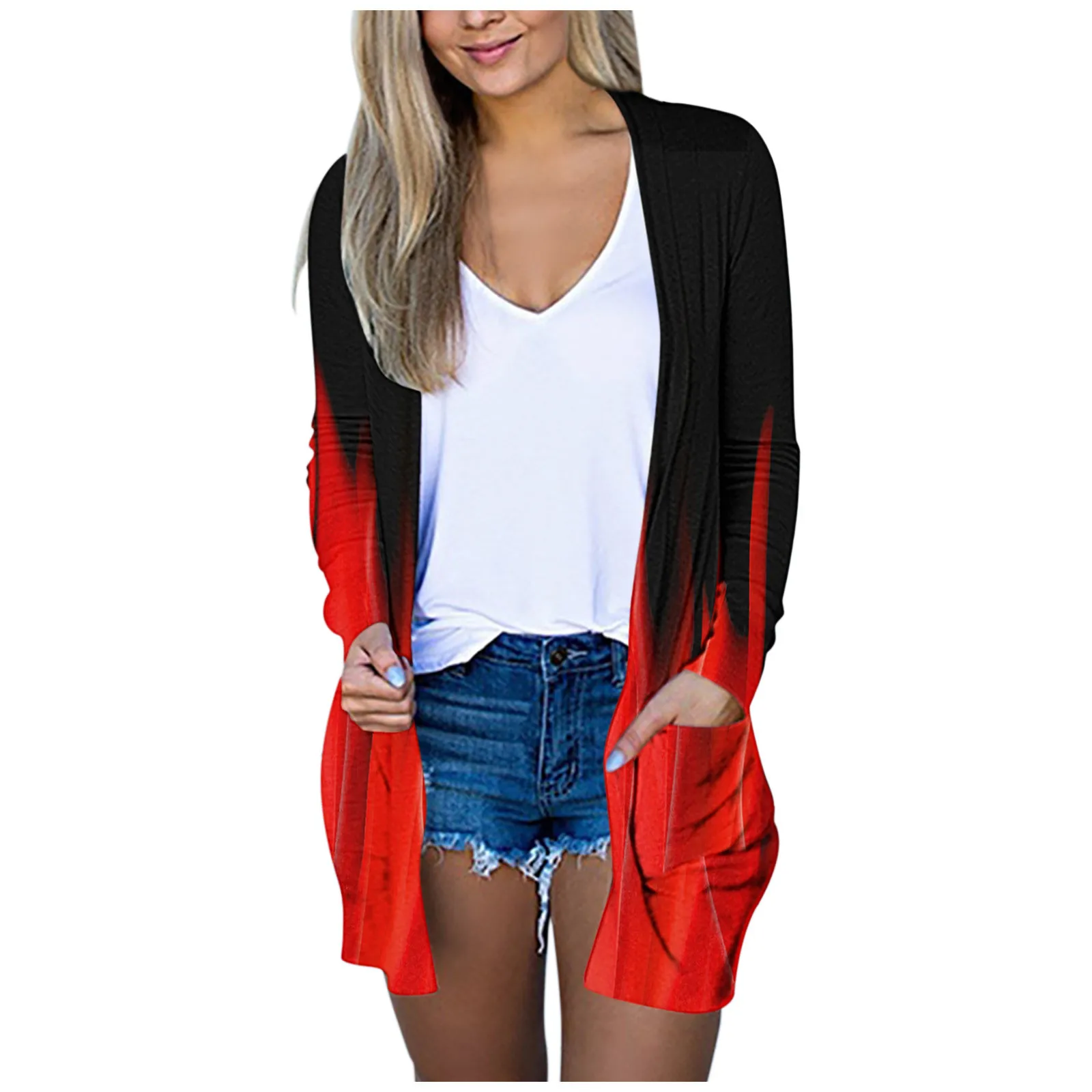 

Women's Spring and Autumn Solid Color Printed V-neck Long Sleeve Cardigan Women's Fashion Casual Loose Printed Long Pocket Coat
