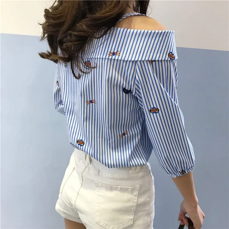 

Women's Long Sleeve Casual Blouses Striped Shirt Embroidered Blouse Slash Neck Tops New