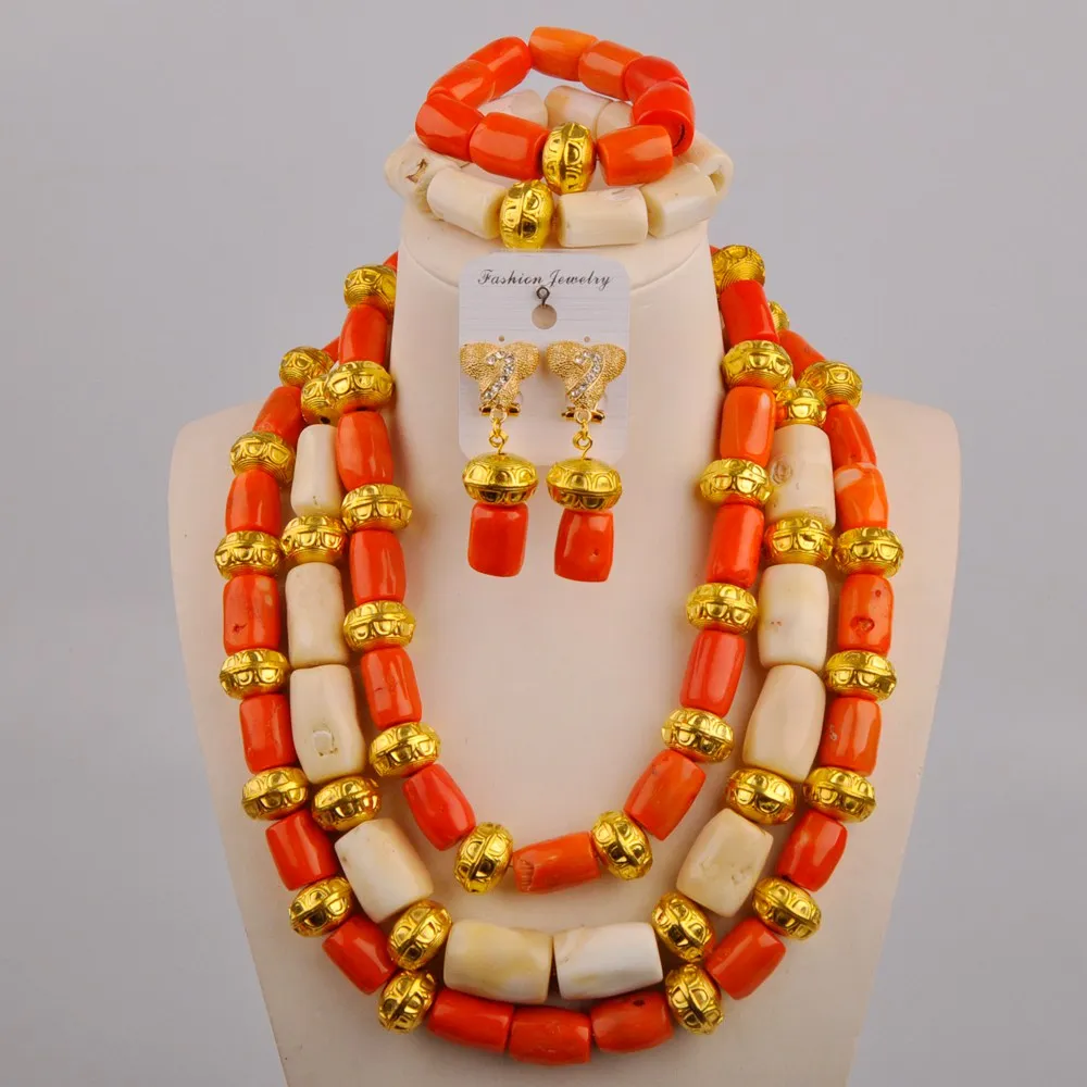 

Two Tone Orange and White Natural Coral Bead Necklace African Bride Wedding Jewelry Nigeria Wedding Dress Banquet Set AU-528
