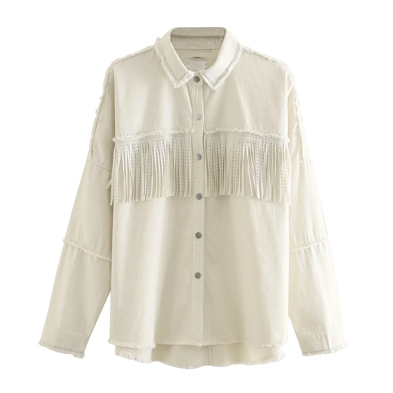 

Женское хлопковое пальто с бахромой, бежевое элегантное Свободное пальто с длинными рукавами, Осень-зима 2021