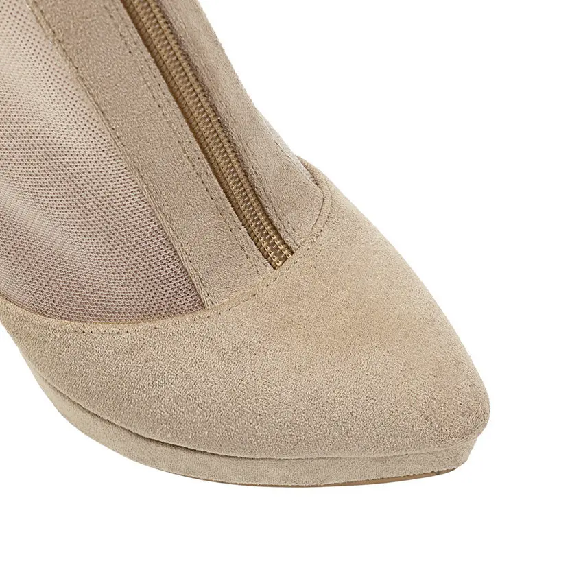 ANMAIRON Flock Mid-Calf  Boots Women Thin Heels Spring/Autumn 2020 Shoes Woman Platform Basic Round Toe Mesh (Air Mesh) Boots