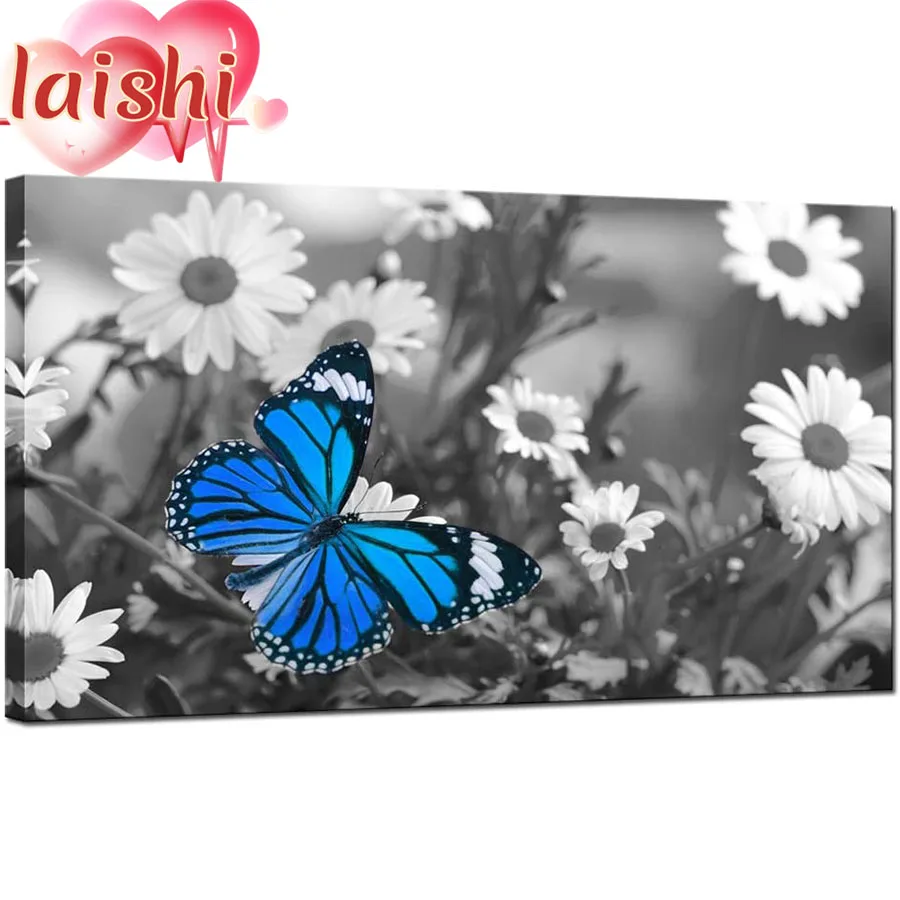 

Diamant Painting Black and white landscape, blue butterfly 5D DIY Diamond Painting Full Square Drill Gift Home Decor Gift Resin