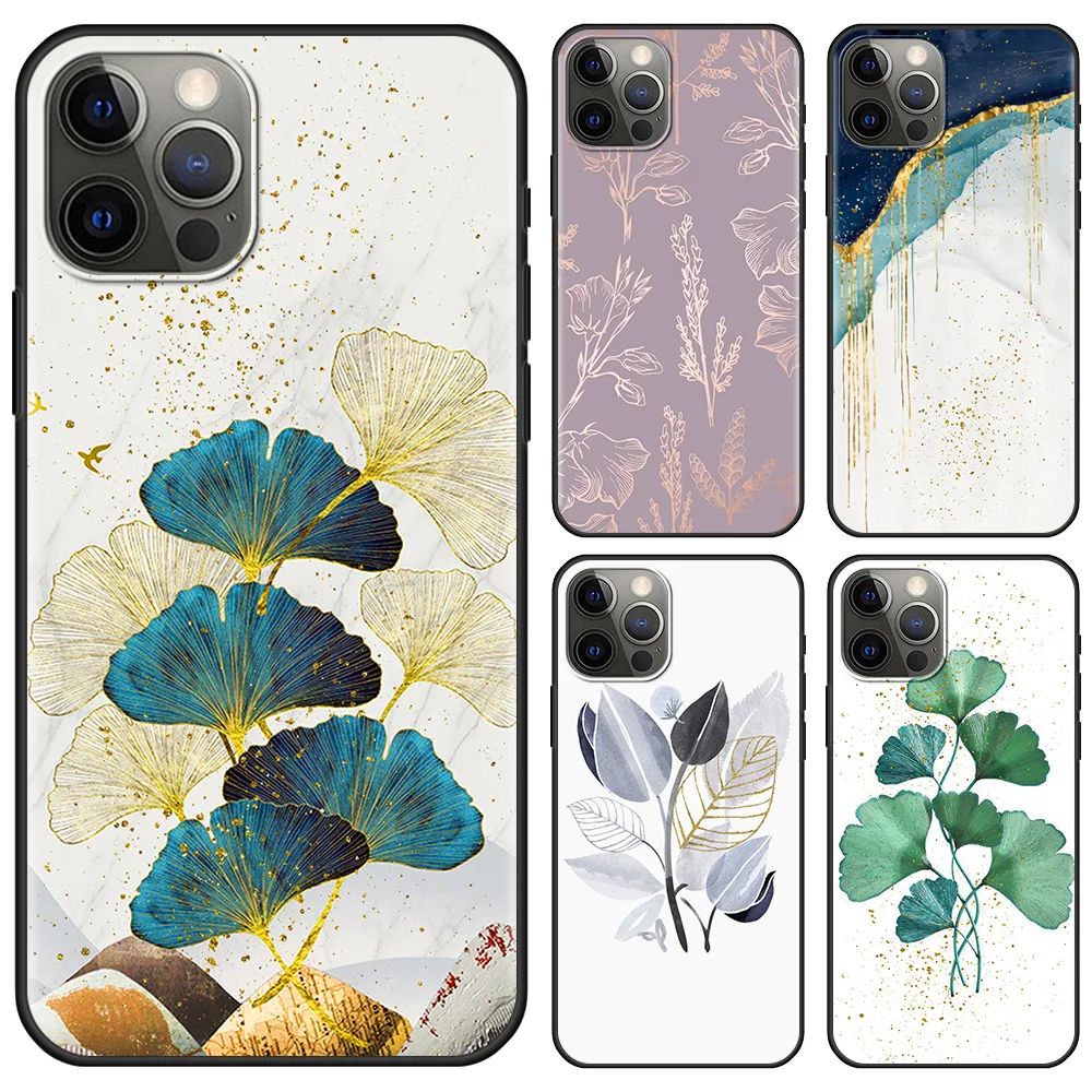 

Gold Foil Art Print Luxury Phone Case For iPhone 11 13 12 Pro Max 13 12 mini XS XR X 8 7 6s 6 Plus 5 5S SE Silicone Black Cover