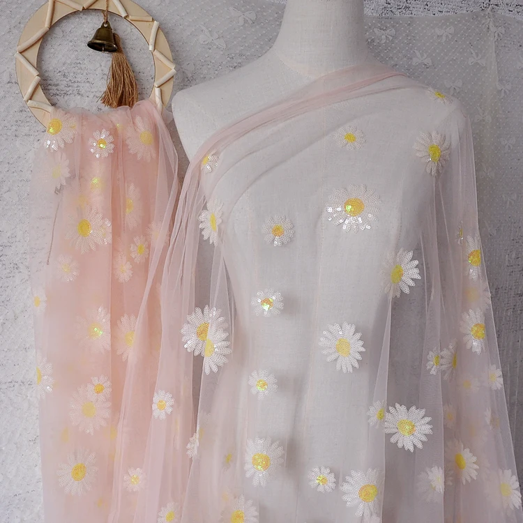 Сетчатая блестящая Цветочная вышивка маргаритки мягкая кружевная ткань