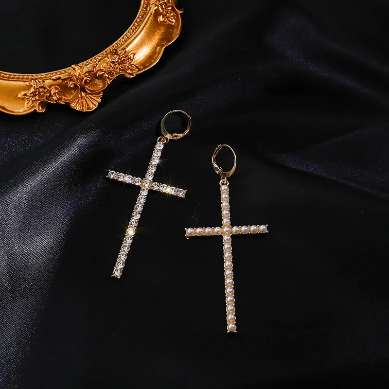 Punk Hip Hop Rhinestone Large Cross Earrings for Women Fashion Pearl Crystal Dangle Party Wedding Jewelry Girls Gift | Украшения и