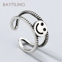 bayttling silver color retro double smiley open ring for women man fashion jewelry couple ring gift