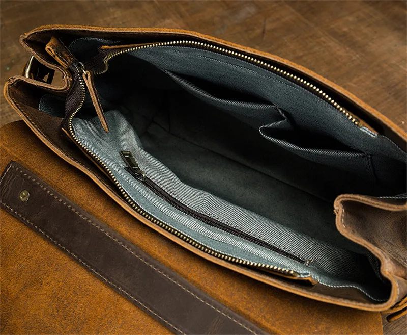 Crazy horse cowhide men's briefcase vintage natural genuine leather messenger bag business casual office work laptop handbag