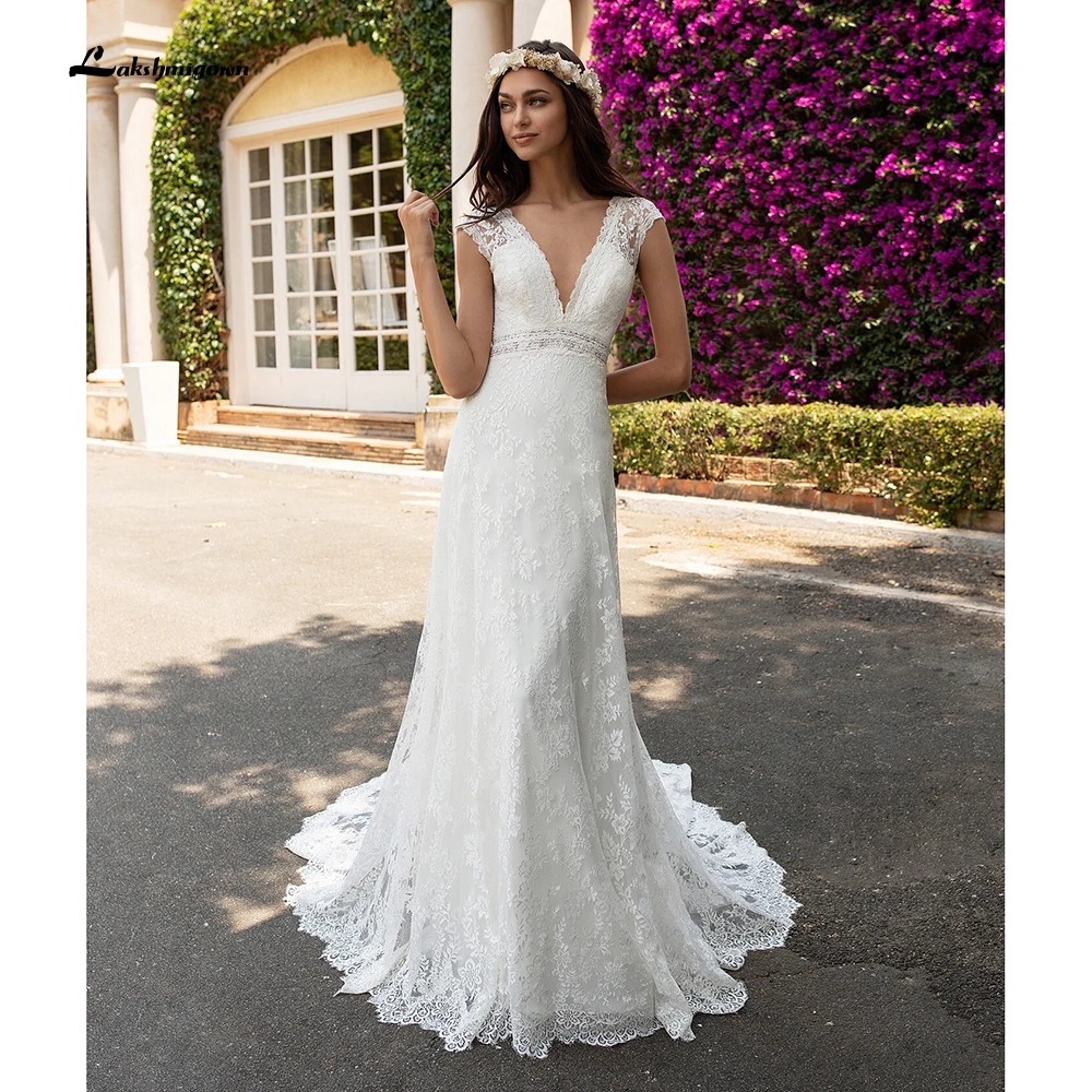 

Gorgeous Lace Wedding Dress 2021 V-Neck Full Lace Short sleeves Backless Sweep Train Luxury Bride Gown Vestidos De Noiva