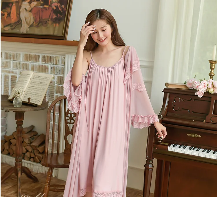 

Sexy Robes Sets Vintage Court Style Modal Sling Pajamas 2021 Spring/Autumn Long Sleeve Lace Patchwork Sweet Ruffle Nightdress