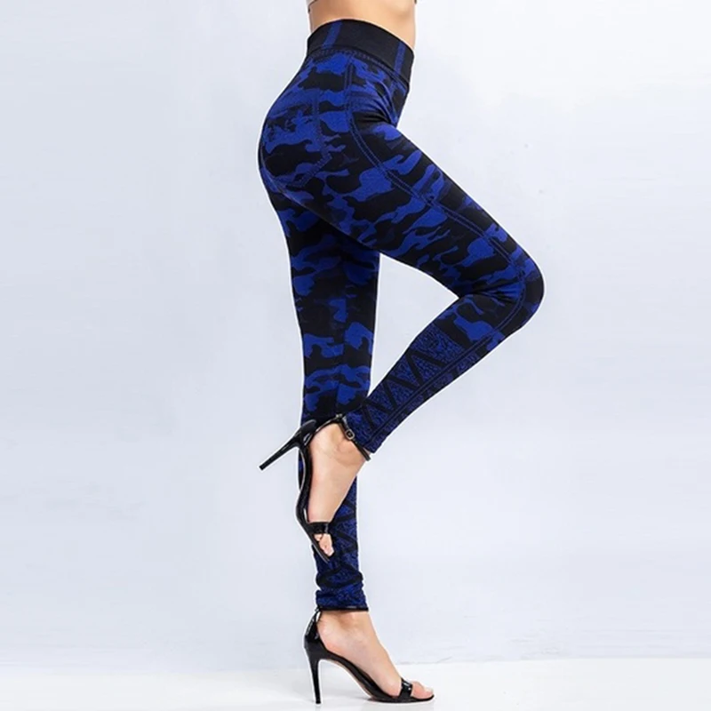

New Fashion Women Leggings Camouflage Print Leggings With Mock Pocket Faux Denim Jeans Slim Fitness Elastic Seamless Leggings