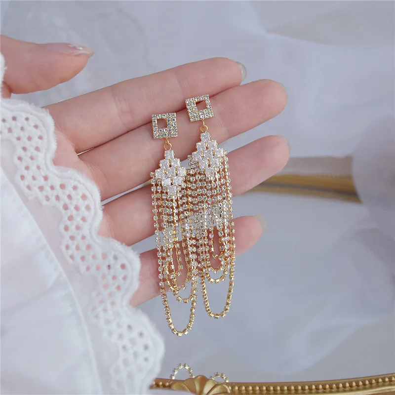 

New Arrive Luxury 14K Real Gold Chain Long Tassel Stud Earrings for Women Cubic Zircon ZC Earrings