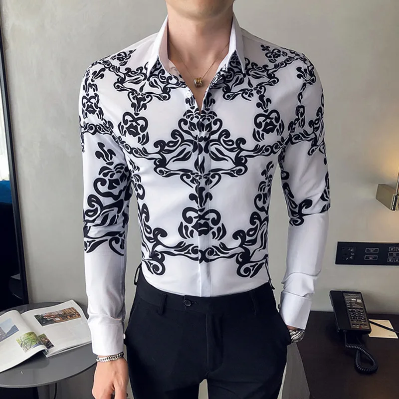 Мужская приталенная рубашка в стиле барокко черная или белая Повседневная с