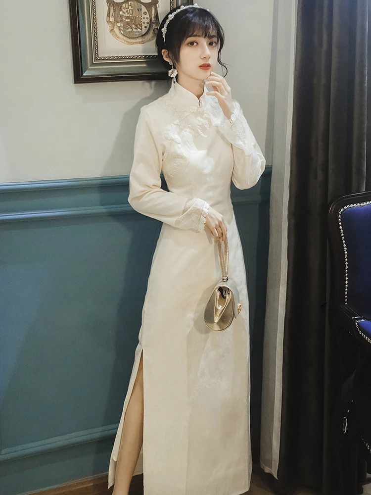 

Делаете золотую реставрация старинным способом в темная зернистая выше лодыжки с цветочной вышивкой белый cheongsam платье макси длинная юбка