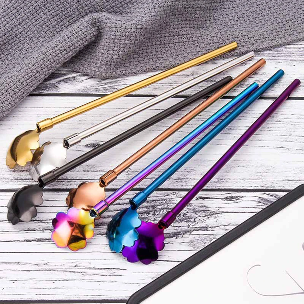 

2 In1 Multifuncti Drinking Straw Reusable Metal Set Bubble Tea 304 Stainless Steel Smoothie Milk Shake Straws Stirring Spoon