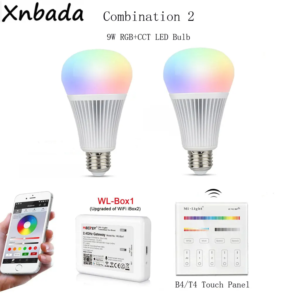 Milight светодиодные лампы 9W RGBCCT+ WL-Box1 светодиодный контроллер DC5V+ 2,4G B4/T4 4-Зона RGB+ CCT сенсорный Панель пульт дистанционного управления