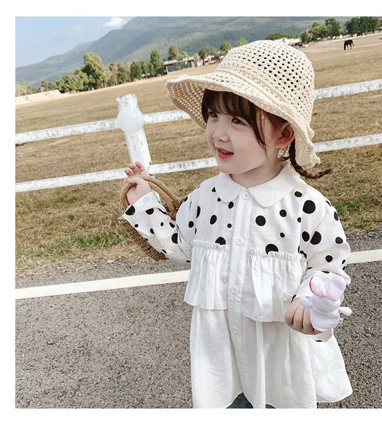 

Детская рубашка с длинным рукавом для девочек, рубашки, блузка, расклешенные топы с оборками, рубашки, новая демисезонная рубашка в горошек ...