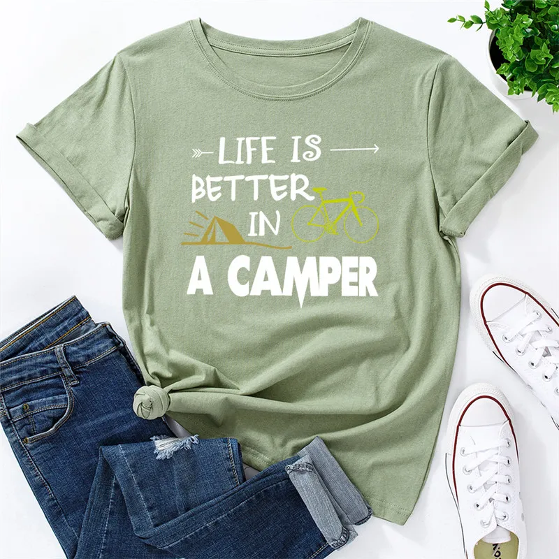 

Summer T Shirt Women Cotton Plus Size Life Is Better In A Camper Letters Print Short Sleeve O-neck Casual Oversized T-shirt Tops