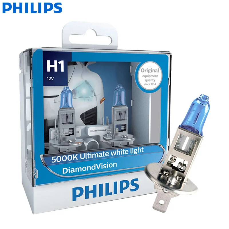 H1 Philips Diamond Vision H1 H4 H7 H8 H11 9005 9006 HB3 HB4 12V DV 5000K холодный белый светодиодный светильник автомобильные галогенные лампы головного светильник противотуманная фара, 2X - Испускаемый цвет: H1