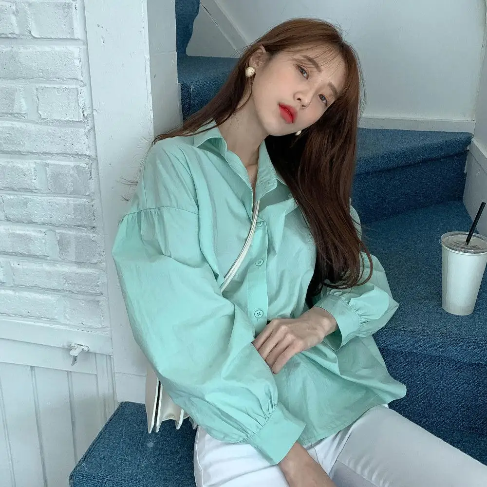 

Green Spring Blouse Women Korean Elegant Casual Single Breasted Shirts Tops Loose Long Sleeve Vintage Office Lady Thin 2021 Z450