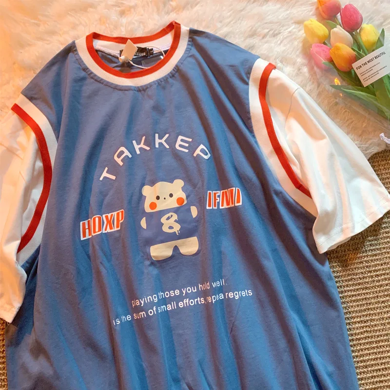 

Summer New American Retro Cute Little Bear Fake Two Half-sleeve T-shirt Female Japanese Couple Short-sleeve Shirt Super T-shirt