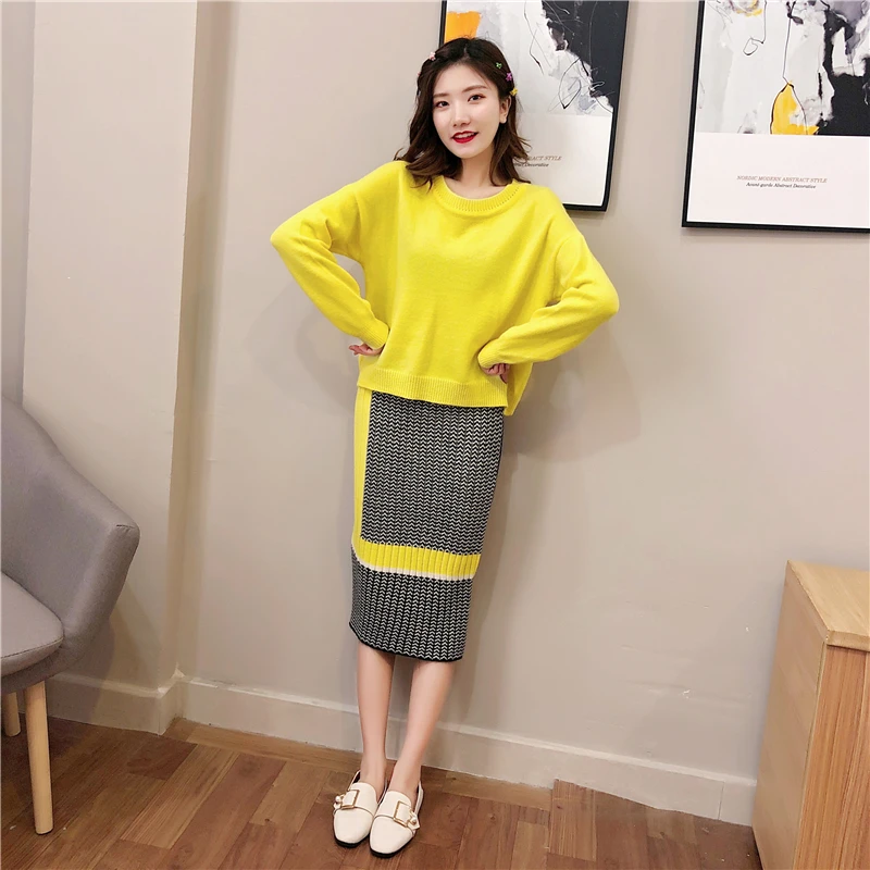 2019 женский костюм из двух предметов Женский пуловер и юбка повседневный