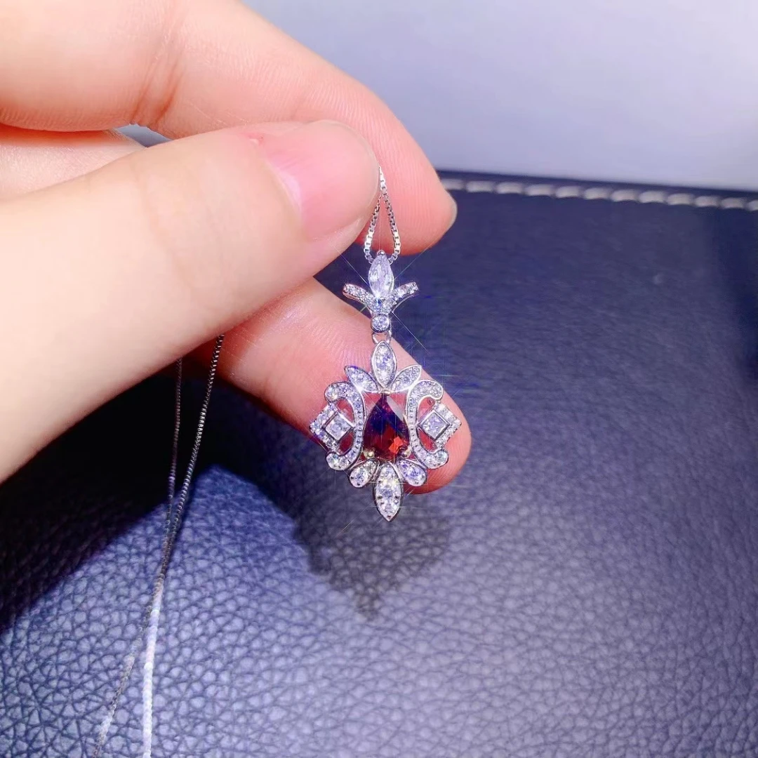 

Fine Jewelry 925 Sterling Silver Inset With Natural Gemstones Women Luxury Popular Water Drop Red Tourmaline Pendant Necklace Su