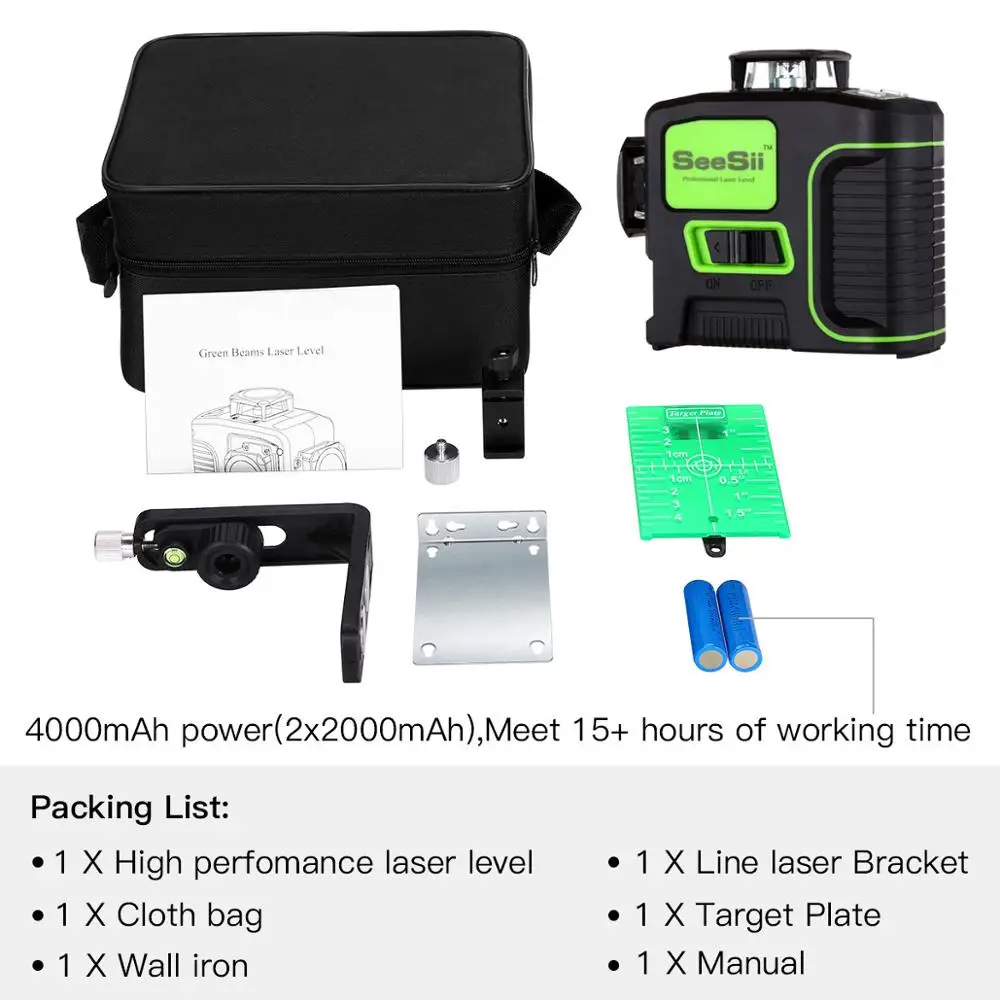 3D лазерный уровень 12 линий зеленый с аккумулятором 18650 8 луч горизонтальный