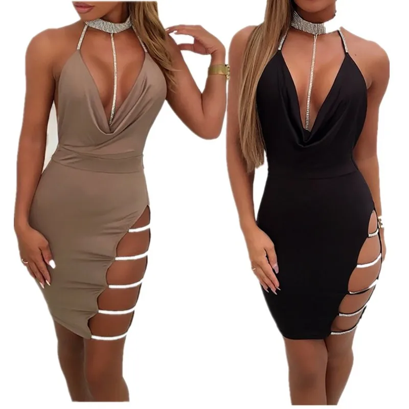 

New Women Sexy Halter V Neck Night Club Dress Female Solid Sleeveless Side Slip Diamonds Chic Mini Dress Ladies Clubwear Party