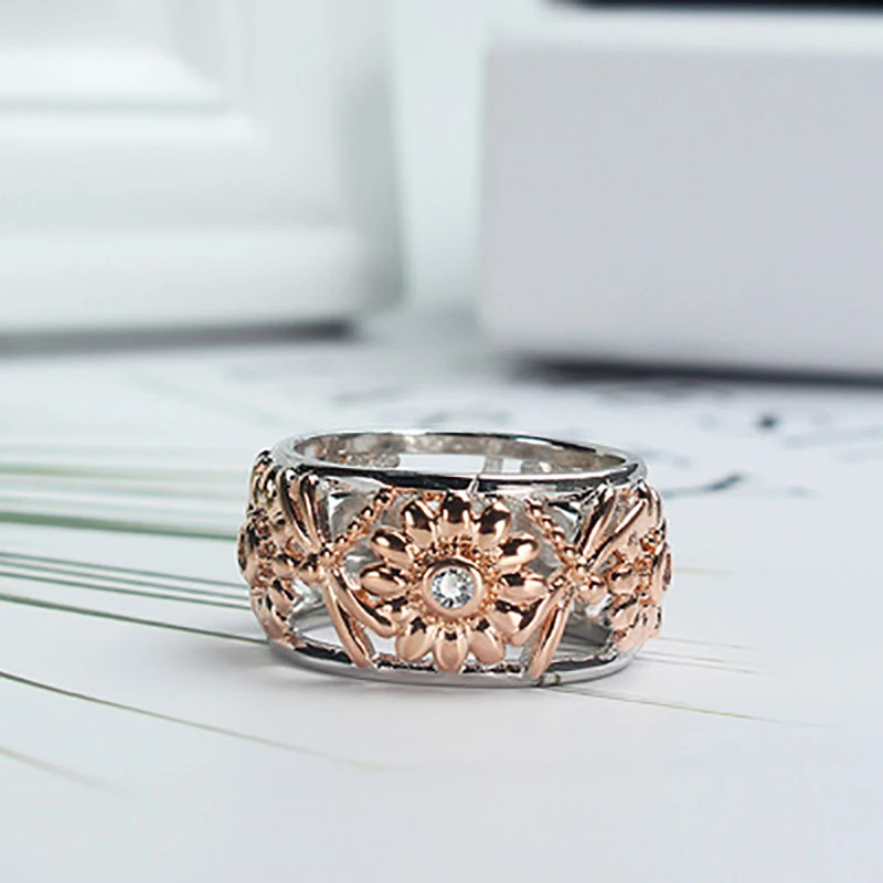 Розовое Золотое рождественское кольцо для женщин медные пустотелые Подсолнухи